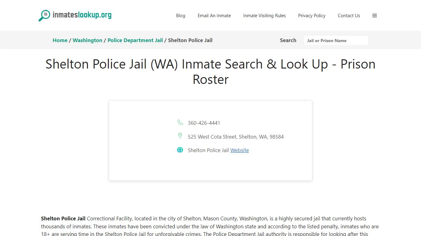Shelton Police Jail (WA) Inmate Search & Look Up - Prison Roster